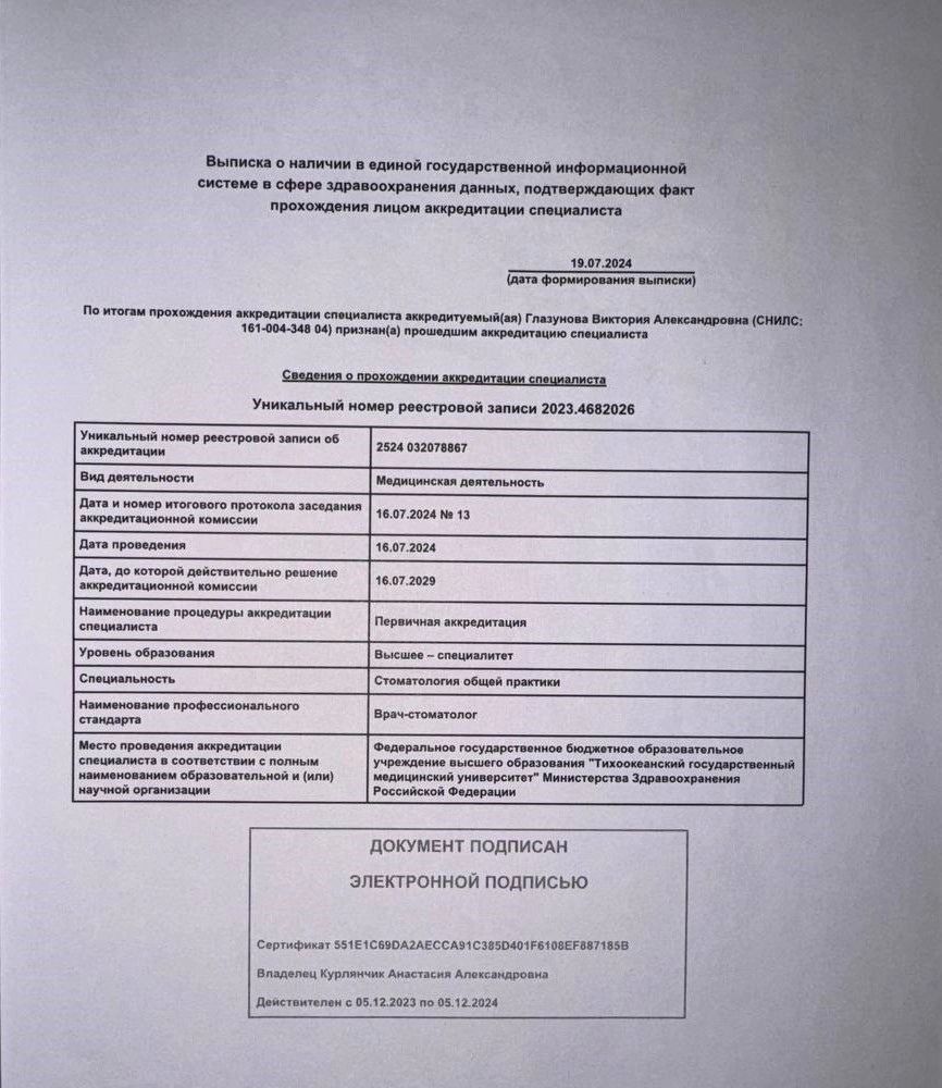 Глазунова Виктория Александровна. Аккредитация специалиста